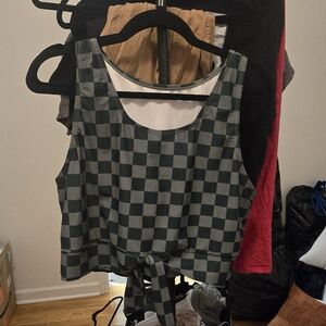CHECKERBOARD TIE-FRONT SWIM TOP